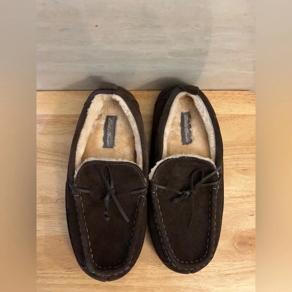 Eddie Bauer men's faux-fur lined moccasin slippers in dark brown suede